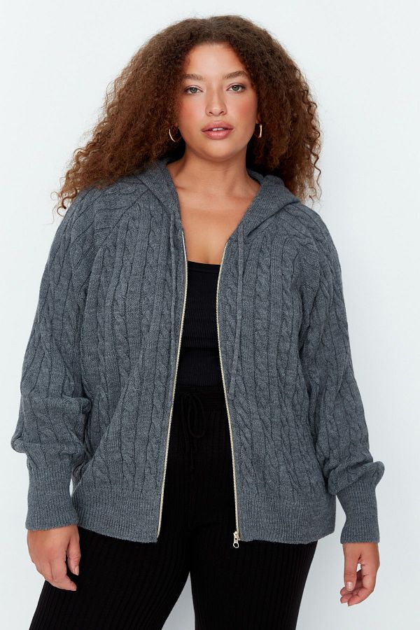 Trendyol Curve-Anthracite Hooded Zippered Knitwear Cardigan TBBAW23AV00051 1