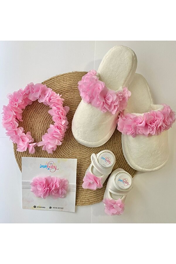 irembaby Anne Bebek Lohusa Seti Pembe Çiçekli Lohusa Tacı Terlik Bebek Ayakkabı Bebek Saç Bandı Lohusa Takımı