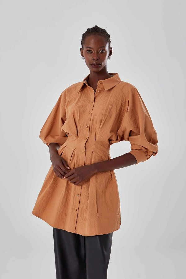 Mizalle Tan Tunic with Pleated Front Trendyol