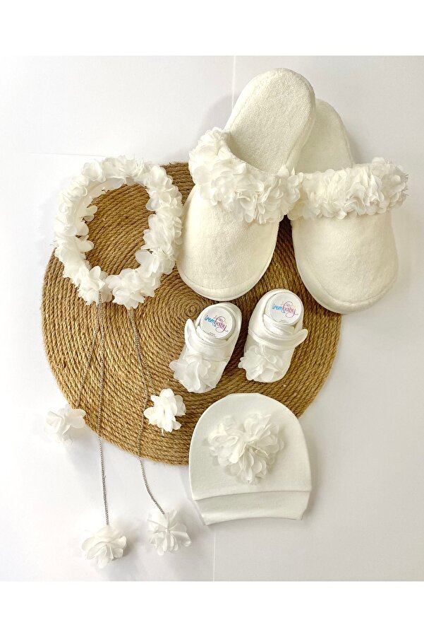 irembaby Anne Bebek Lohusa Seti Beyaz Çiçekli Lohusa Tacı Terlik Bebek Ayakkabı Bebek Şapkası Lohusa Takımı
