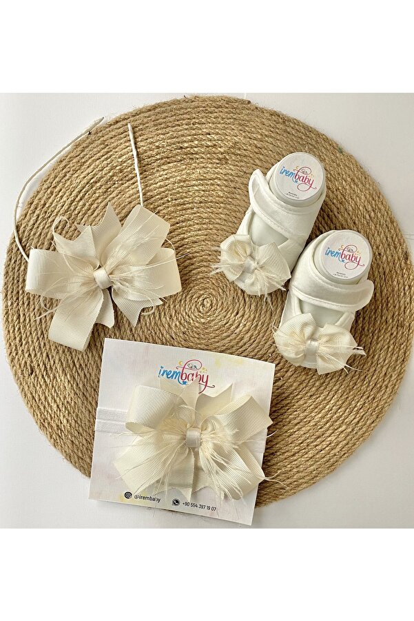 irembaby Anne Bebek Lohusa Seti Krem Lohusa Tacı Bebek Saç Bandı Ve Bebek Ayakkabısı Lohusa Takımı