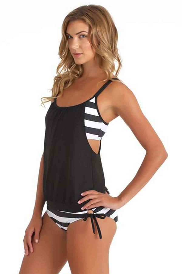 Angelsin-Schwarz-weißes, dick gestreiftes Tankini-Bikini-Set 1