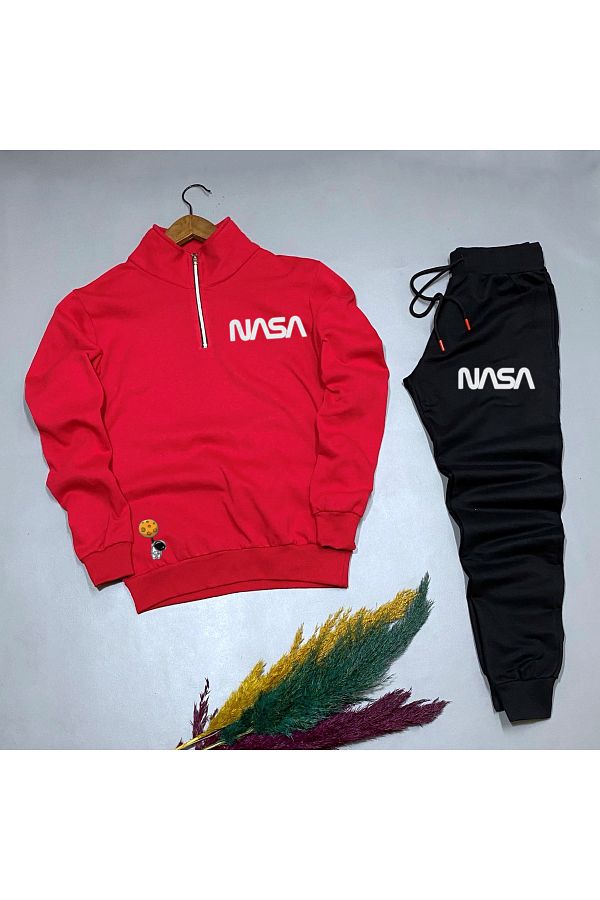 NewCabin Unisex Nasa Printed Half Zipper Cotton White Sweat Black Cotton Sweatpants Set Bottom Top
