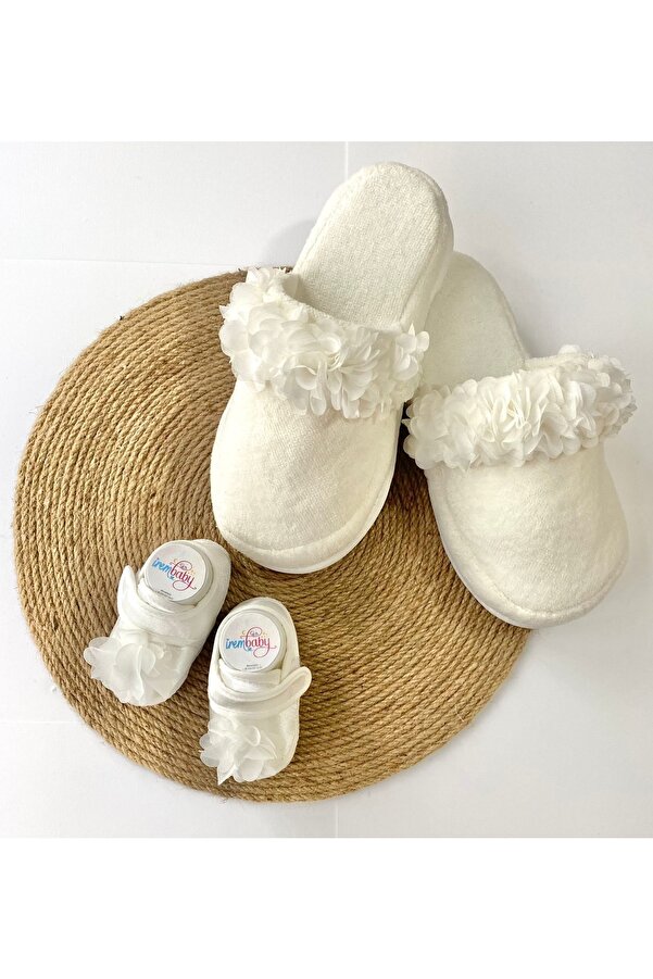 irembaby Anne Bebek Lohusa Seti Beyaz Çiçekli Terlik Ve Bebek Ayakkabısı Lohusa Takımı Çekim-mevlüt