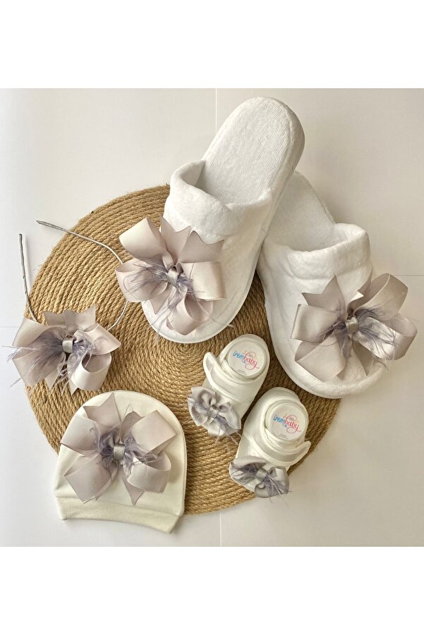 irembaby Anne Bebek Lohusa Seti Gri Lohusa Tacı Terlik Bebek Ayakkabısı ve Bebek Şapkası Lohusa Takımı