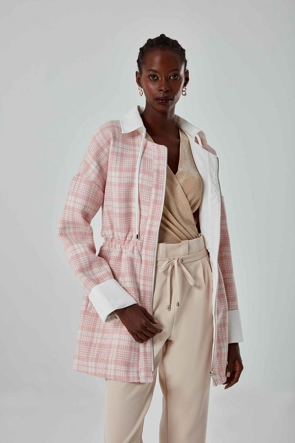 Mizalle Pink Plaid Coat with Elastic Waist Trendyol