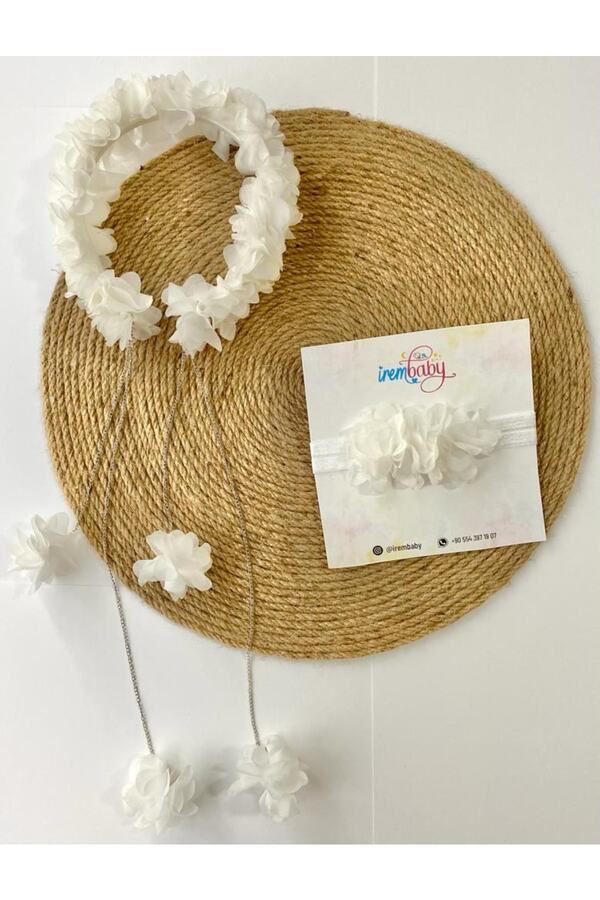 irembaby Anne Bebek Lohusa Seti Beyaz Sarkan Küpeli Çiçekli Lohusa Tacı Ve Bebek Saç Bandı Lohusa Takımı
