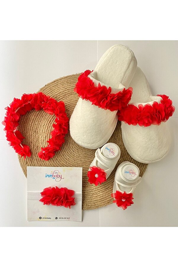 irembaby Anne Bebek Lohusa Seti Kırmızı Çiçek Lohusa Tacı Terlik Bebek Ayakkabı Bebek Saç Bandı Lohusa Takımı