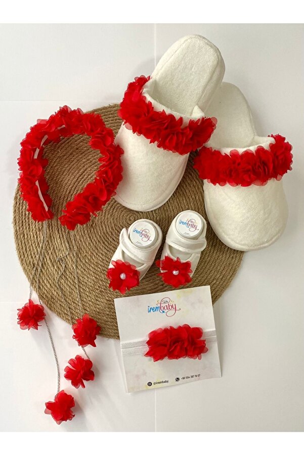 irembaby Anne Bebek Lohusa Seti Kırmızı Çiçek Lohusa Tacı Terlik Bebek Ayakkabı Bebek Saç Bandı Lohusa Takımı