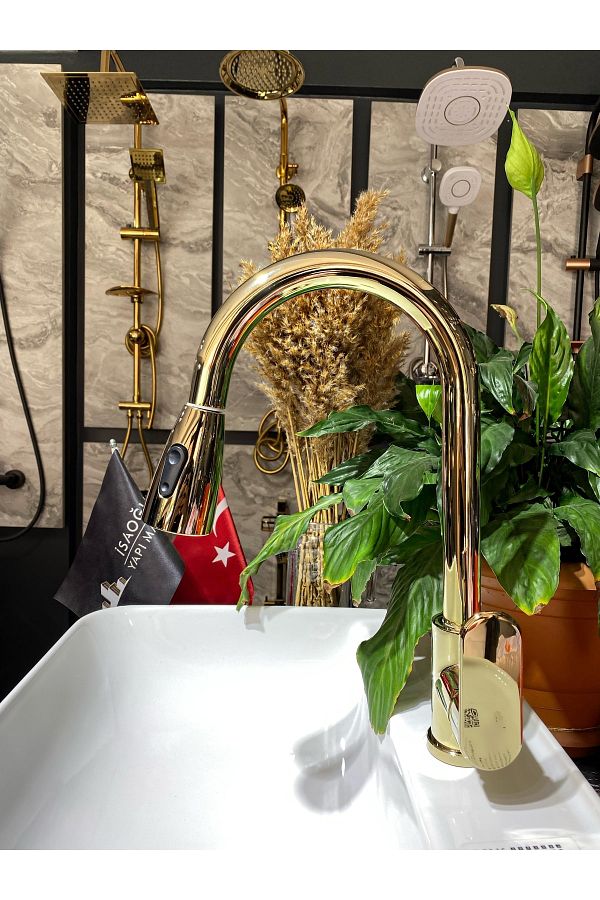 İSAOĞLU YAPI-Glossy Gold Spiral Kitchen Faucet Spiral Sink Faucet Extending Kitchen Faucet with Movable Head 1