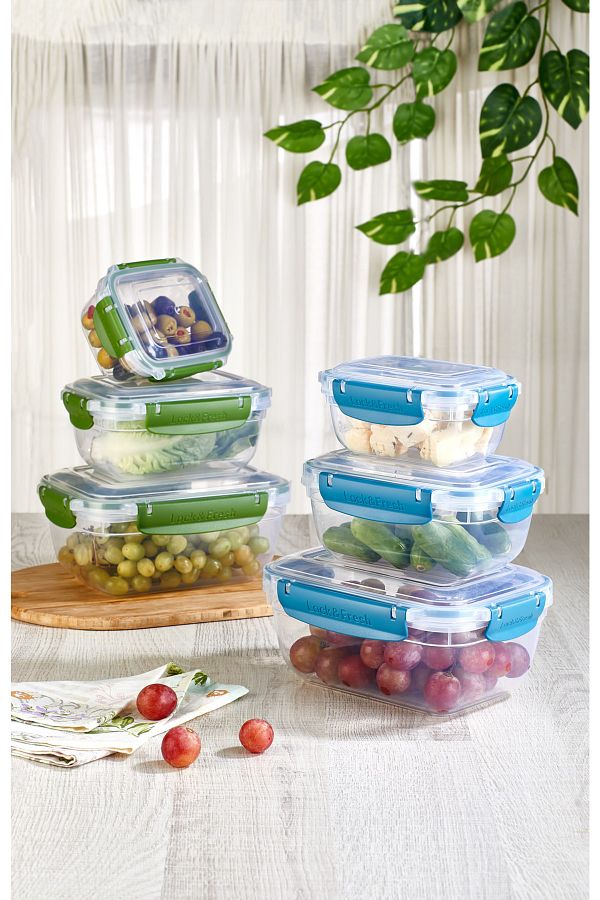 Vienev-6-Piece Master Gasket Rectangular Storage Container Set 2x(400 Ml, 800 Ml, 1400 Ml) Green-blue 1