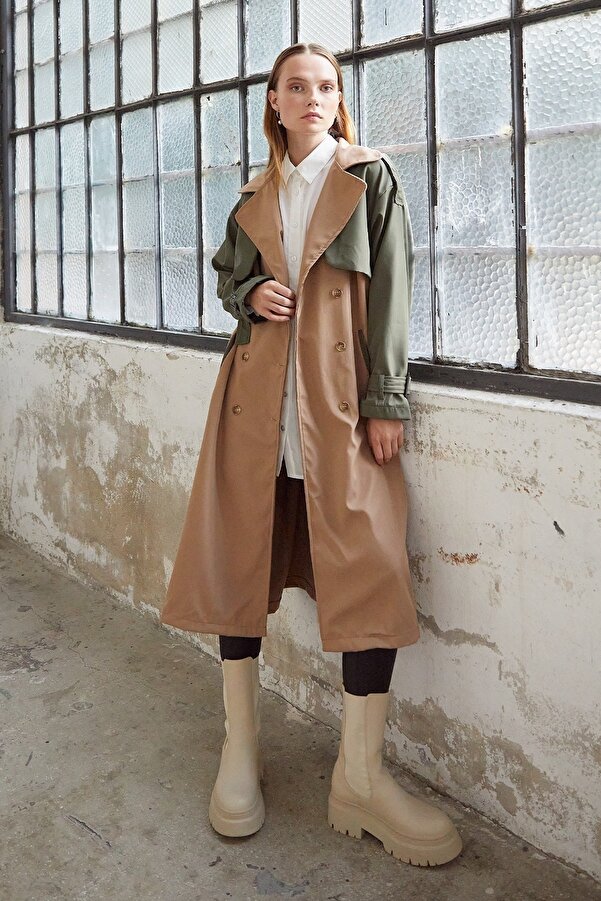 InStyle Double Color Epaulette Detail Trench Coat - Khaki- Trendyol