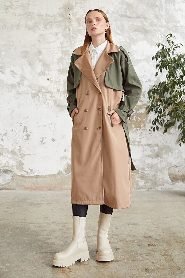 InStyle Double Color Epaulette Detail Trench Coat - Khaki- Trendyol