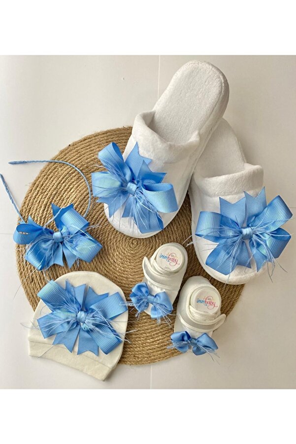 irembaby Anne Bebek Lohusa Seti Mavi Lohusa Tacı Terlik Bebek Ayakkabısı Ve Bebek Şapkası Lohusa Takımı