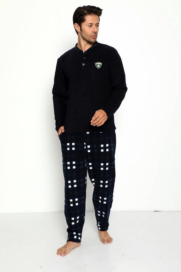 Pijamaevi-Navy Blue Arouno Printed Polar Men's Pajama Set 1