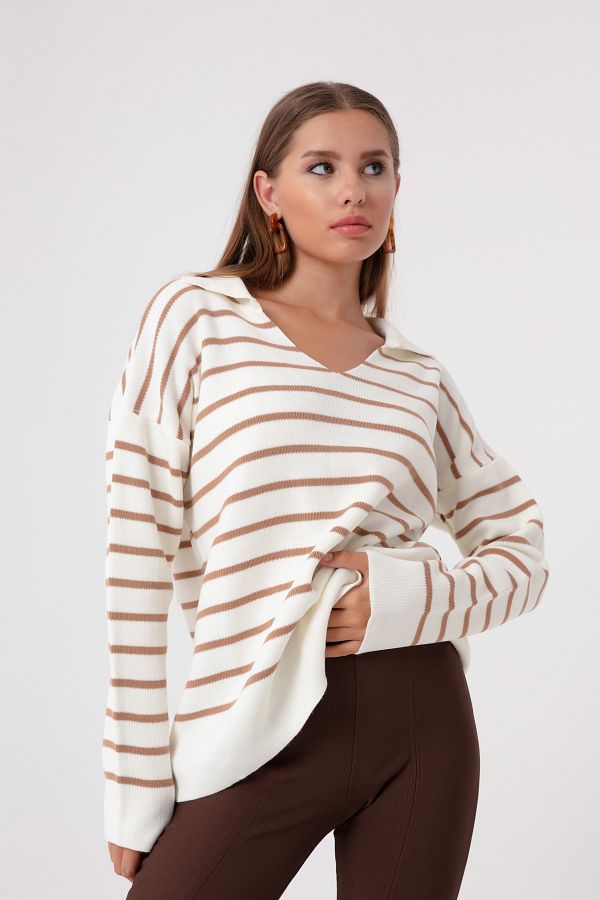 Lafaba-Women's Mink Shirt Collar Striped Knitwear Sweater 1
