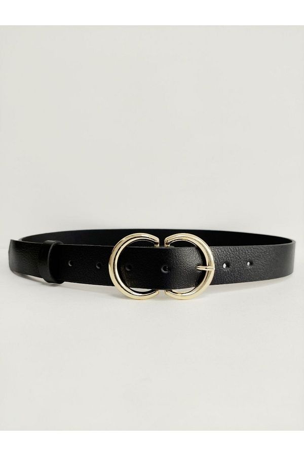 Kemerix-100% Genuine Leather Black Women's Belt with Gold Buckle 1
