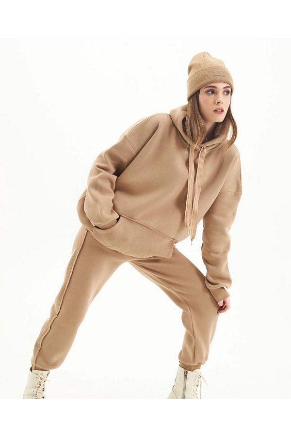 soBasic-Beige Stitching Detailed Raised Three Thread Tracksuit Set (Esftkm102) 1