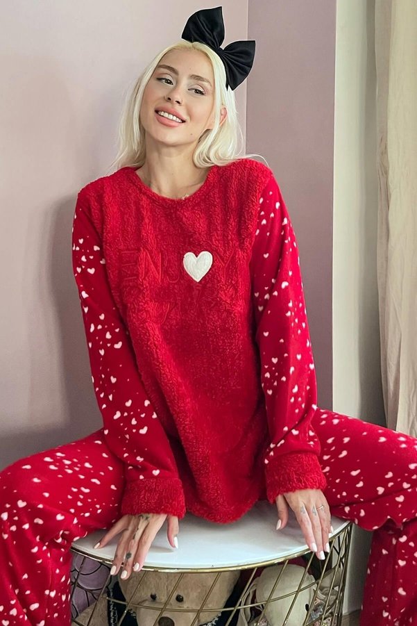 Pijamaevi Red Enjoy Life Patterned Women's Plush Pajama Set