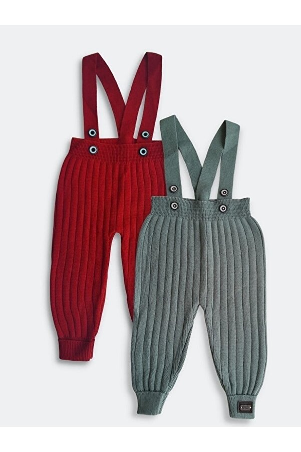 BEBEĞİME ÇORAP 2'li Set Unisex Ayarlanabilir Askılı Yüksek Bel Esnek Triko Bebek Tayt - Kiremit & Mint