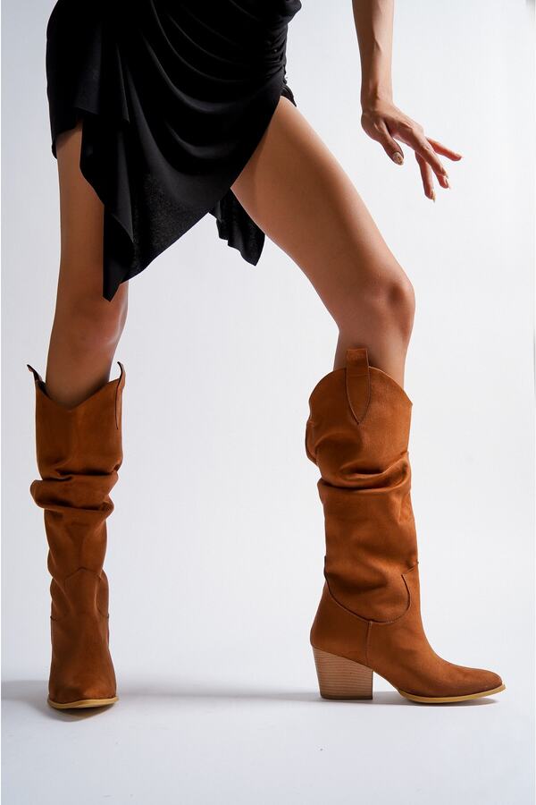 TOPUK-Γυναικείες μπότες Chelsee Tan Suede Long Bellows 1