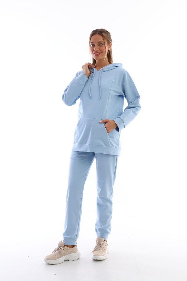Miss Dünya Lissa-Baby Blue Maternity and Maternity Hooded Sweatshirt Tracksuit Set 1