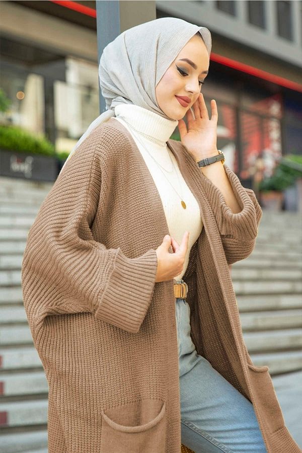 Bestenur Eftalya Double Pocket Long Knit Hijab Cardigan 329 Mink Trendyol
