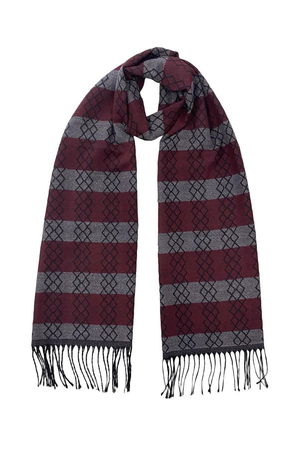 Sarar-Geometric Patterned Claret Red Black Double Sided Scarf M-28 1