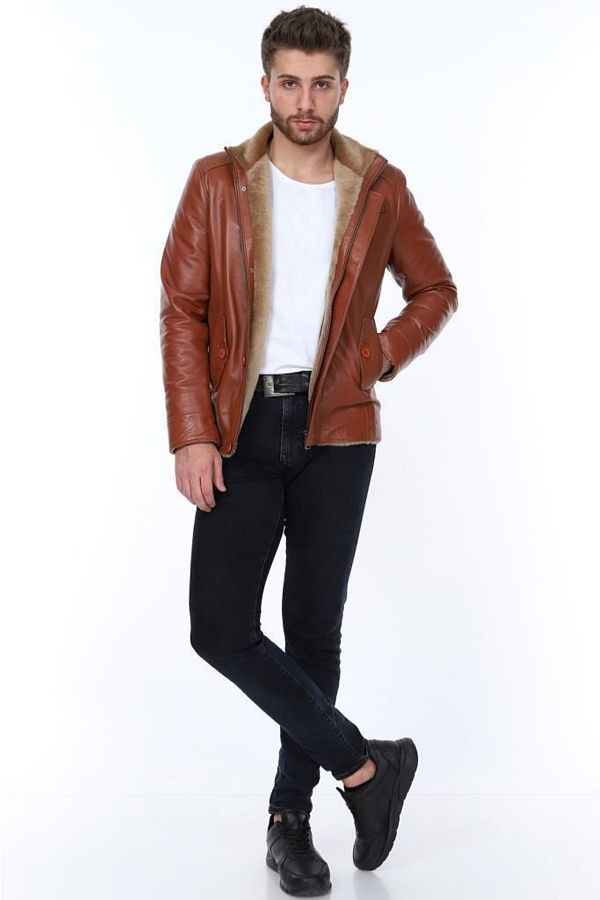 Derimont s Genuine Leather Furry Tan Men s Leather Coat Side Pocket Button Detailed Leather Jacket Trendyol