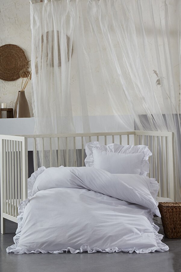 Ricco Lifes Beyaz Bebek Fırfırlı Nevresim Seti %100 Organik Pamuk