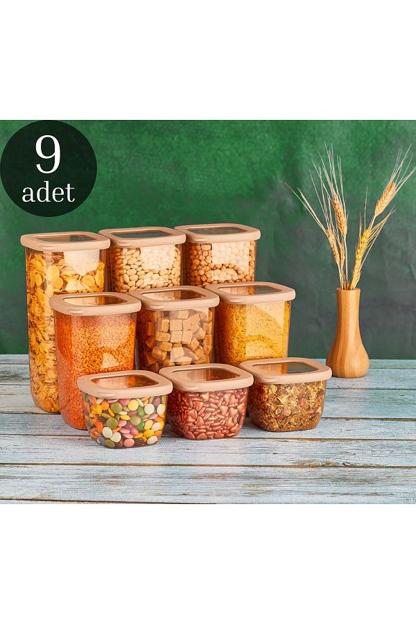 Comprox-Ahmet 9-Piece Copper Set Labeled Beach Square Storage Container Set Beige Food Storage Container Jar 1