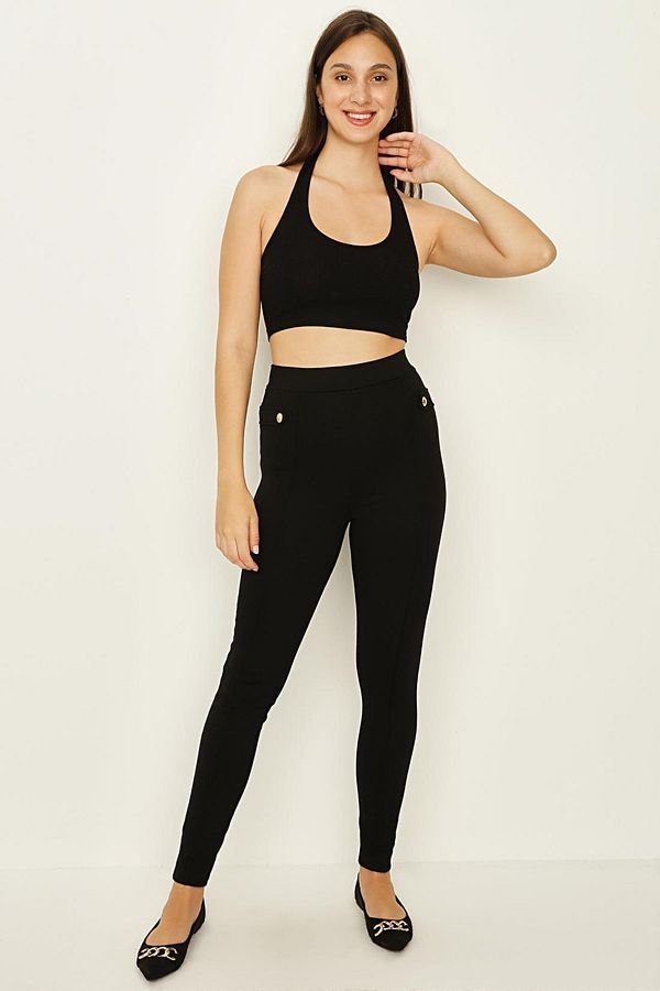 Select Moda-Pantaloni de damă cu jambiere cu nasturi aurii negri 1