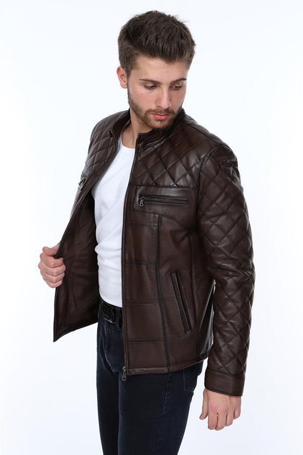 Derimont s Genuine Leather Brown Shoulder Embroidered Camos Men s Leather Jacket Trendyol