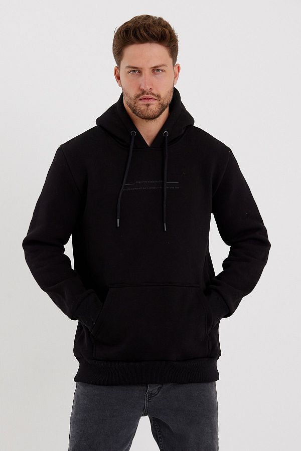 CLIPMAN-Hanorac cu glugă cu imprimeu Slim Fit pentru bărbați, negru 1