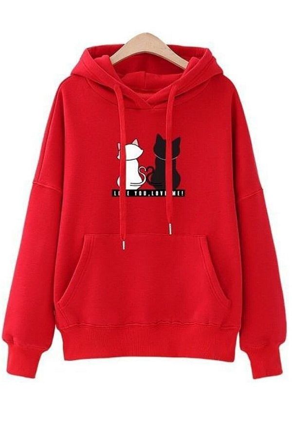 MODAGEN-Unisex červená mikina s kapucňou a potlačou pre mačky 1