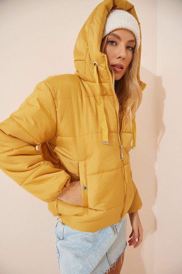Happiness stanbul Women s Mustard Hooded Puffer Jacket DD00997 Trendyol