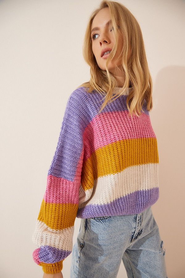 Happiness İstanbul-Lila-rosa gestreifter Strickpullover mit Ballonärmeln für Damen BV00002 1