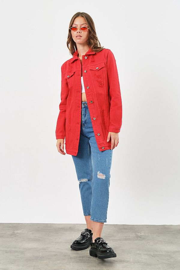 Denim Republic Women s Red Ripped Detailed Long Denim Jacket Trendyol