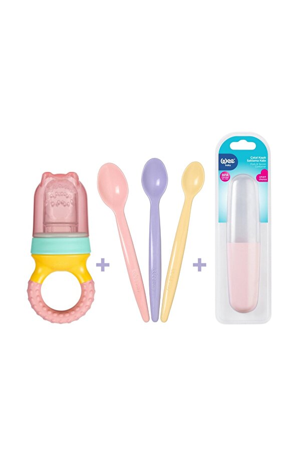 Wee Baby Beslenme Seti Pembe 3'lü Kaşık+meyve Süzgeci+saklama Kabı