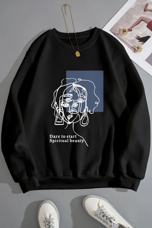 MODAGEN Unisex Black Face Printed Crew Neck Sweatshirt Trendyol