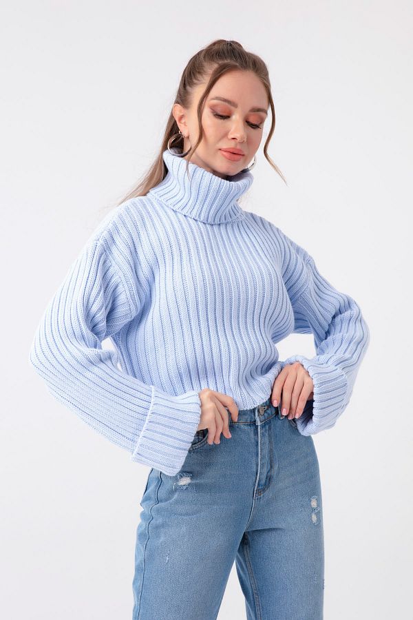 Lafaba Women s Baby Blue Wide Ribbed Turtleneck Knitwear Crop Sweater Trendyol