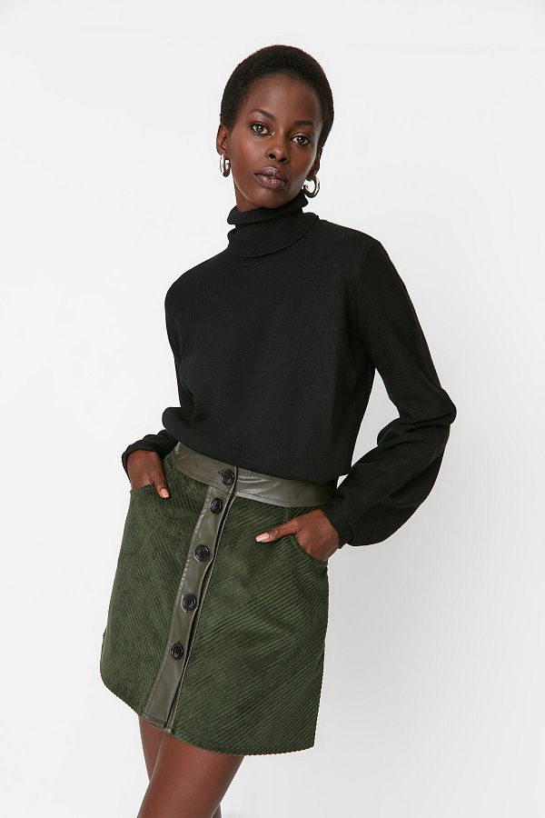 Trendyol Collection Khaki A Line Woven Faux Leather Detailed Buttoned Mini Skirt TWOAW23ET00255 Trendyol