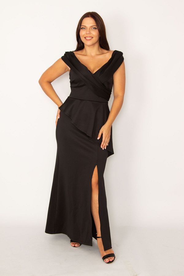 Şans Tekstil-Schwarzes langes Abendkleid mit Volants, Wickelkragen, Taille und Schlitz vorne für Damen 26a34468 1