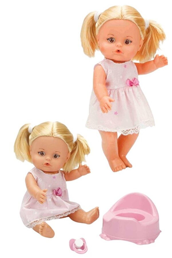 SAZE Çocuk Boubou Altını Islatan Emzikli Lazımlık Ve Biberonlu Uzun Sarı Saçlı Bebek Seti 30 Cm