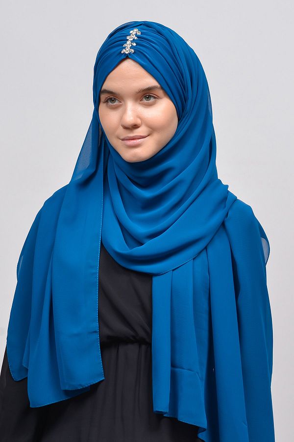 Altobeh-Elegant Jewelled Draped Ready Practical Chiffon Hijab Shawl-Light Petrol 1