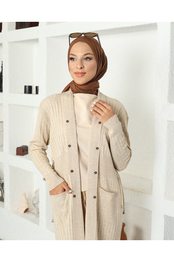 ONER Long Knitwear Cardigan with Bird Eyes Belt and Top Pocket Trendyol