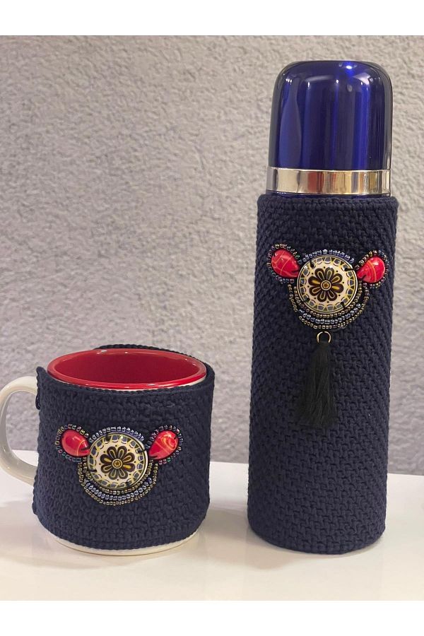 Gönülden Tasarım-Special Design Knitted Purple Thermos Mug Case Office Table Kitchen Elegance 1
