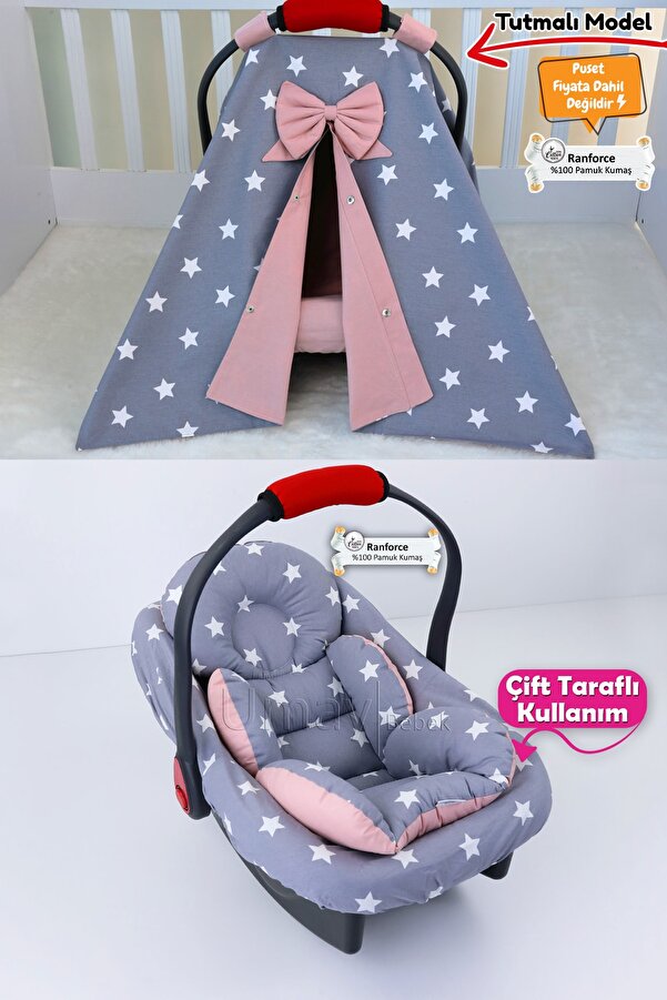 Umaybebek 3 Parça - Puset Örtüsü, Bel Destekli Puset Minderi, Puset Çarşafı, %100 Pamuk- Tutmalı