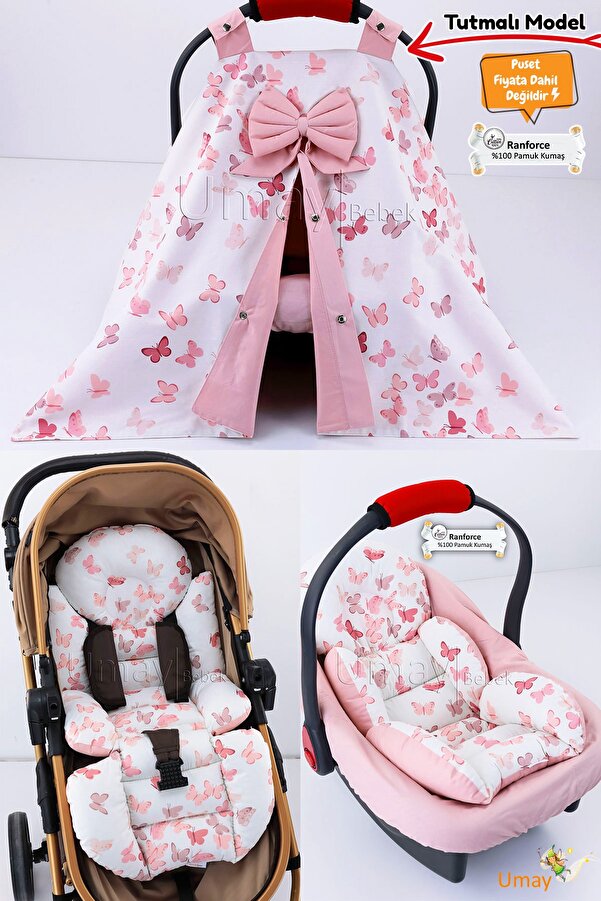 Umaybebek 4 Parça - Puset Örtüsü, Bel Destekli Bebek Arabası Minderi, Puset Minderi, Puset Çarşafı - Tutmalı
