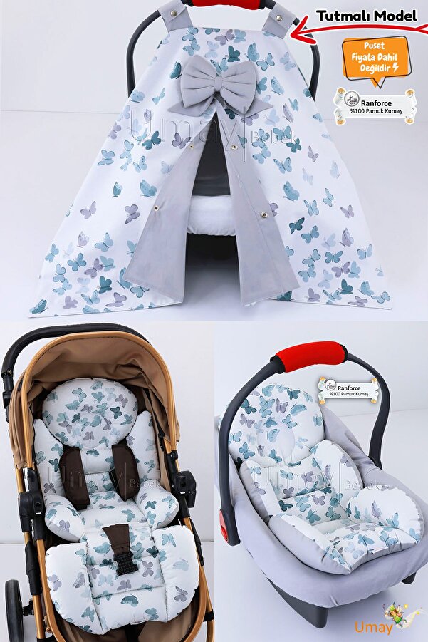 Umaybebek 4 Parça - Puset Örtüsü, Bel Destekli Bebek Arabası Minderi, Puset Minderi, Puset Çarşafı - Tutmalı
